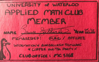 Applied Math Club membership card, 1985/86. Courtesy of Bruce Sutherland.